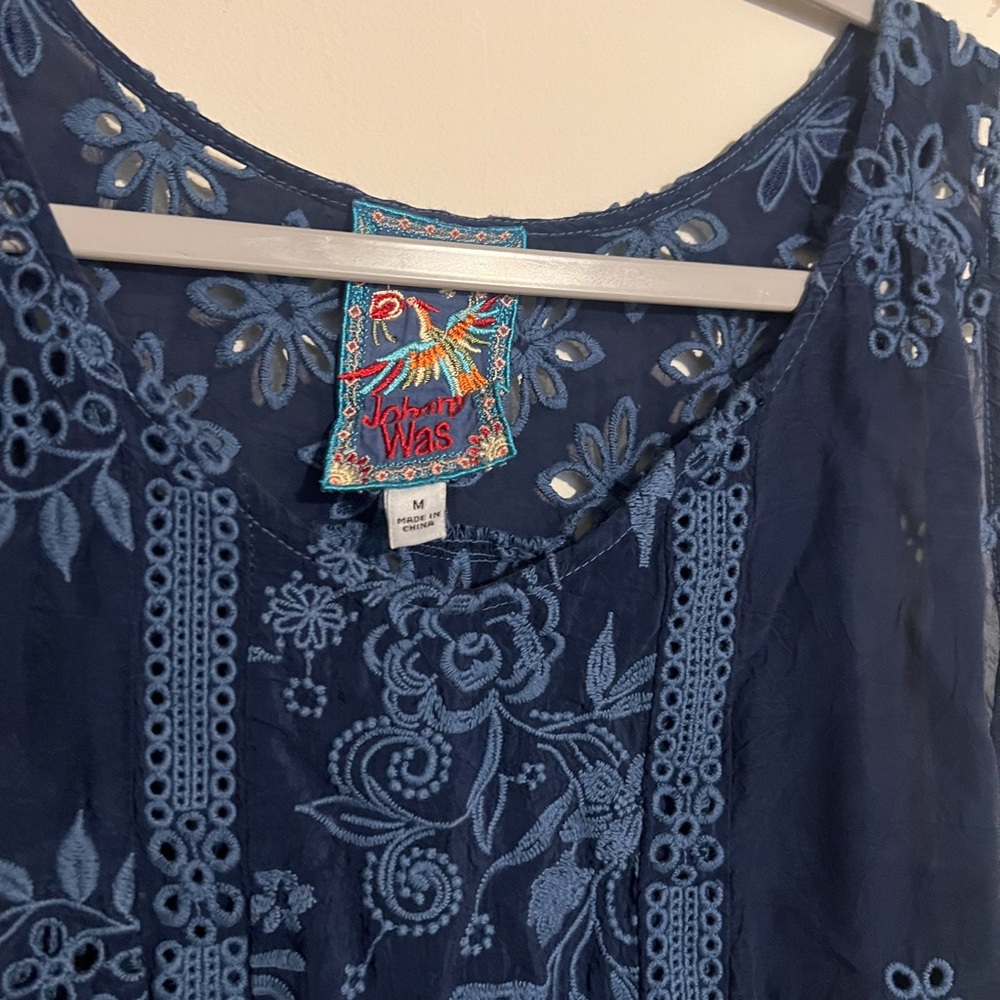 Johnny Was Floral Embroidered Navy Blouse - Picture 2 of 5